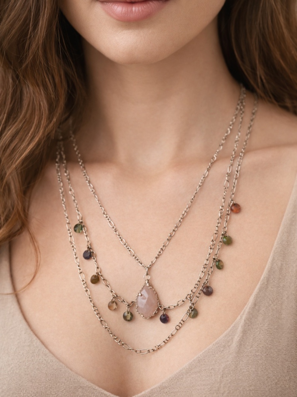 Rose Quartz Pendant 3 chain necklace 13” goldtone